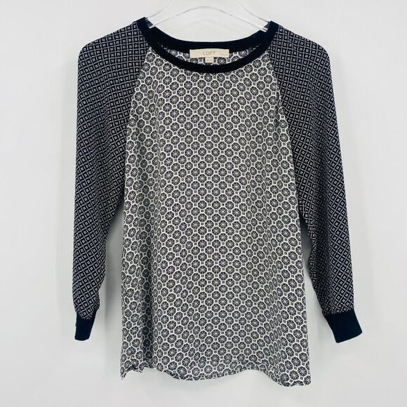 LOFT Size XXSP Black & White Geometric Print Long Sleeve Popover Blouse Top - Picture 1 of 9